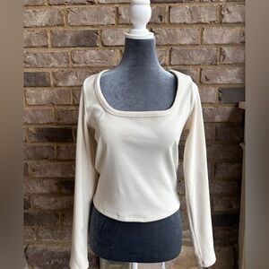 wild fable Cream Ribbed Square Neck Long-Sleeve Top